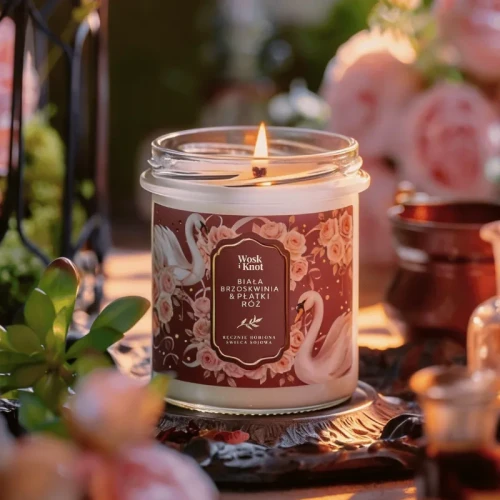 Świeca sojowa Biała Brzoskwinia &amp; Płatki Róż - Wosk i Knot