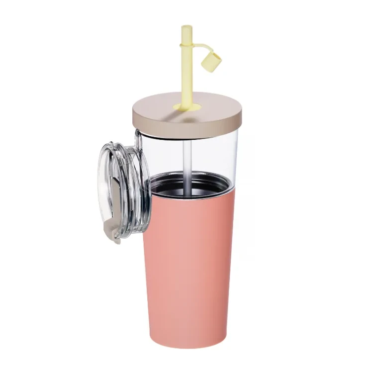Asobu - Marina - Kubek termiczny 2 w 1 ze słomką 845ml - Pastelowy Brzoskwiniowy